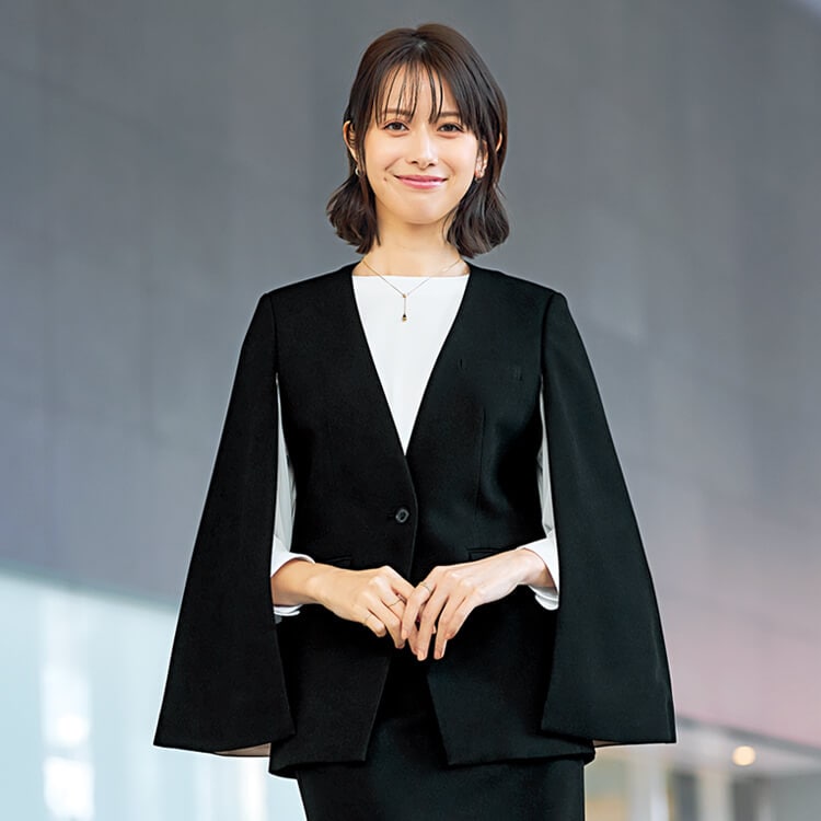 【企業受付制服 ジャケット】ノーカラー「ケープ風シルエット」ウールライク素材・ブラック色 S～3L / YUKI TORII