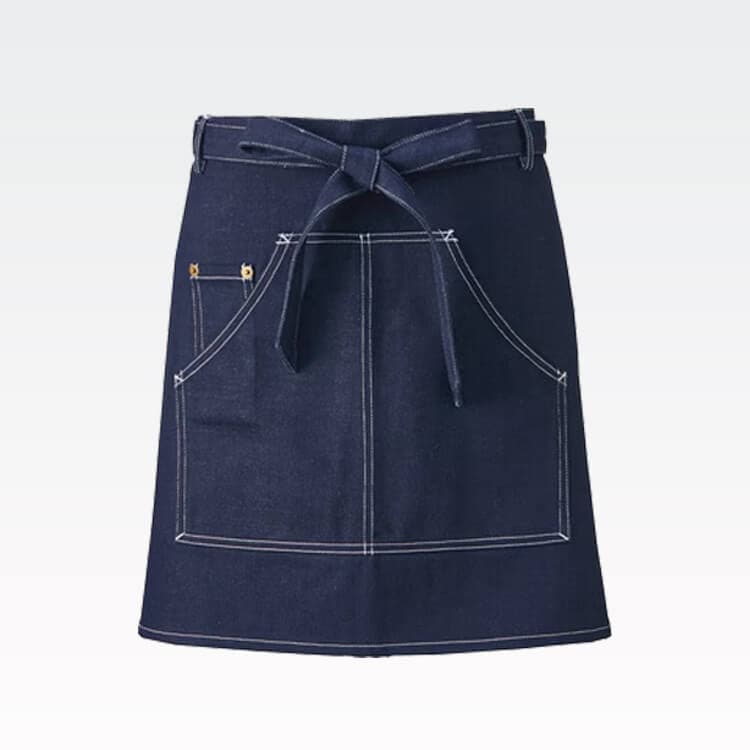 【サロンエプロン 綿100】前丈37cm・デニム「色落ちしにくい」インディゴ・フリーサイズ / 販売スタッフユニフォーム (SAAAPK782-98)