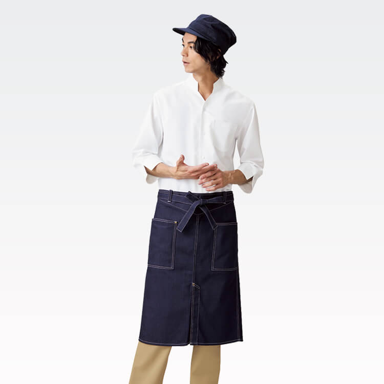 【デニムエプロン】綿100％「色落ちしにくい素材」前丈62cm・インディゴブルー  フリーサイズ / カフェ制服