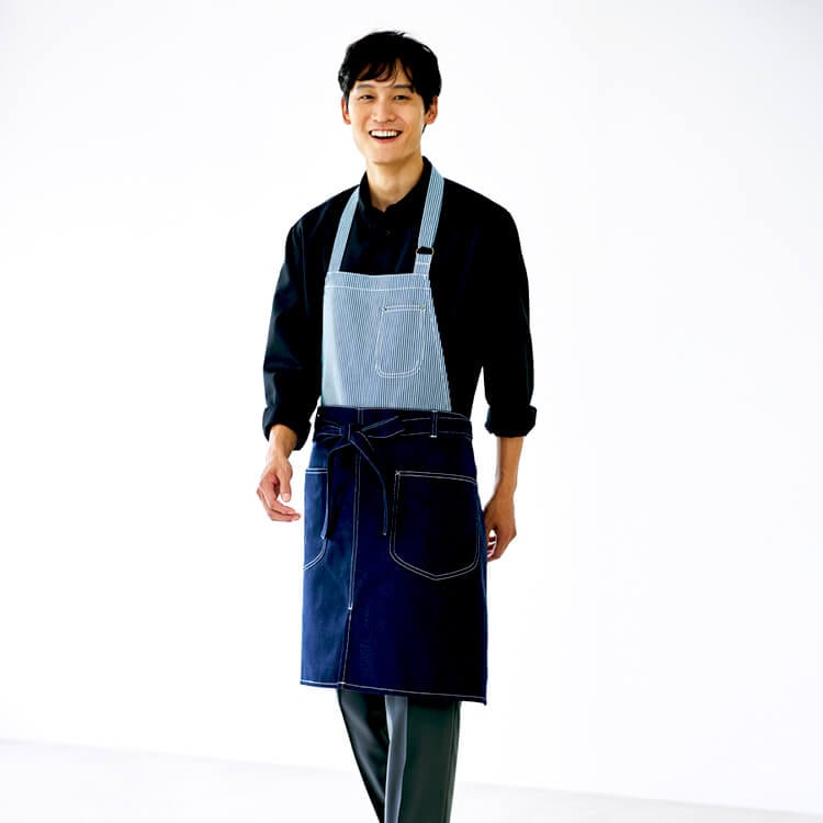 【2WAY切替 胸当てエプロン】ECO素材「ヒッコリー」インディゴブルー・フリーサイズ  雑貨店/カフェ制服