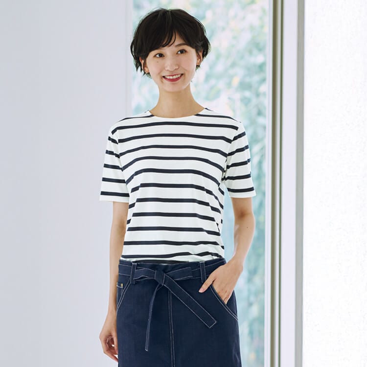 【ボーダーTシャツ 半袖】男女兼用・ストレッチ「カジュアルデザイン」吸汗・SS～3L 2色 / ショップスタッフ制服