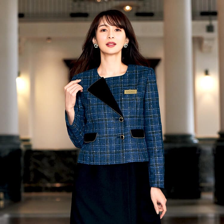 【企業受付制服ジャケット】オールシーズン「ツイード調ブルーチェック」裏地付き 5～19号 / コンシェルジュ制服 (JOI82150)
