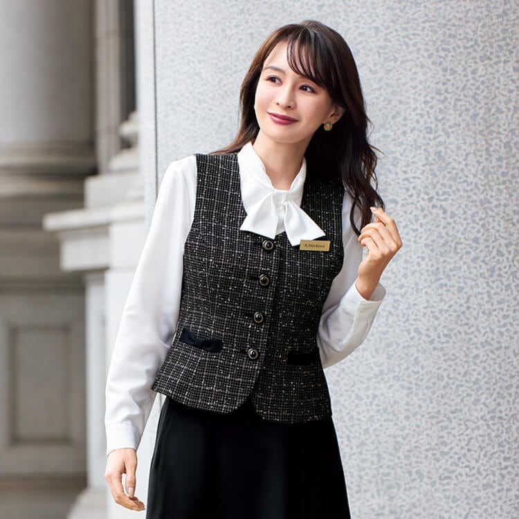 【事務服ベスト】オールシーズン「ホームクリーニング 」ツイード素材・ブラック  5～19号 / 接客ユニフォーム (JOI12120)