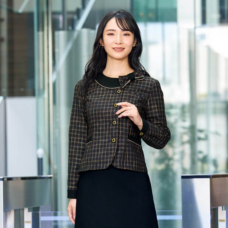 【事務服オーバーブラウス長袖】チェック柄「オールシーズン対応」ネイビー・ブラウン 5～19号 / 接客ユニフォーム (JOI22170)