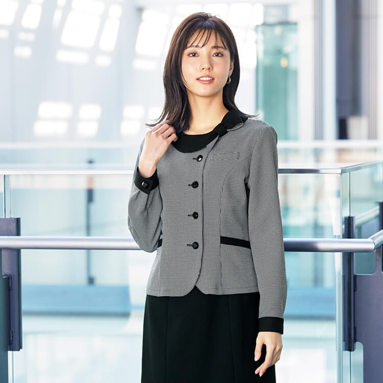 【事務服オーバーブラウス長袖】ストレッチ「落ち着いた千鳥チェック柄」ホームクリーニング対応 ブラック・ベージュ 5～19号 / オフィス制服 (JOI22160)