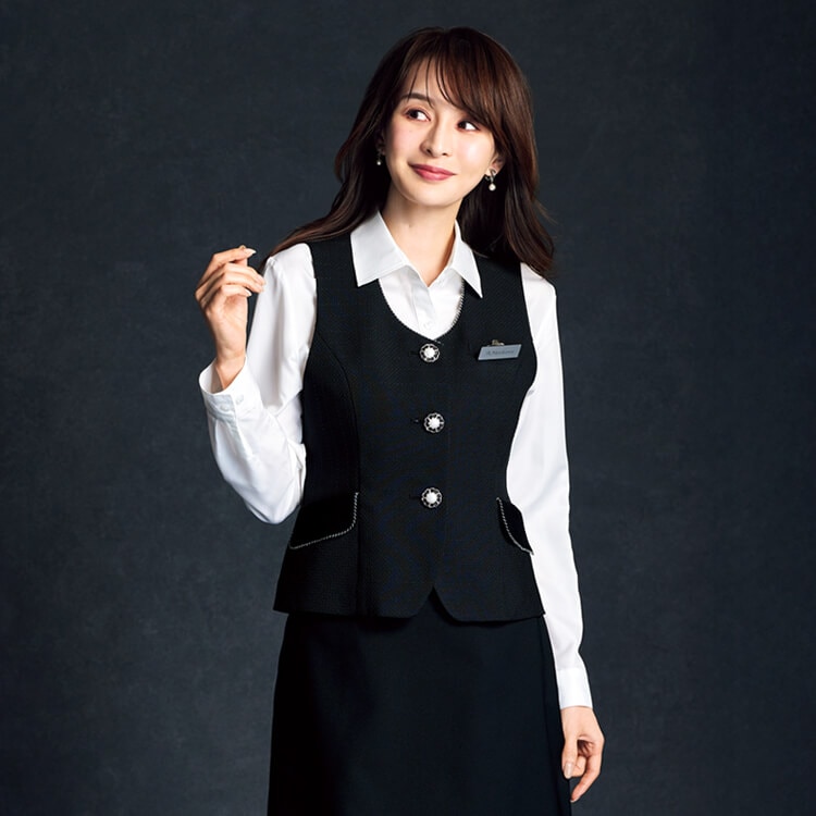 【受付制服ベスト】オールシーズン・チェック柄「ホームクリーニング可」ネイビー・ブラック 5～19号 / オフィスユニフォーム (JOI12070)