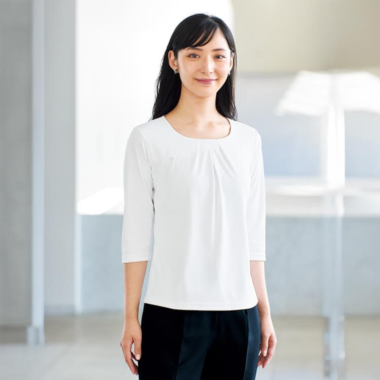 【事務服カットソー 七分袖】透け防止「2WAYストレッチ素材」ブラック・ホワイト S～3L / レディースユニフォーム (JOI01150)