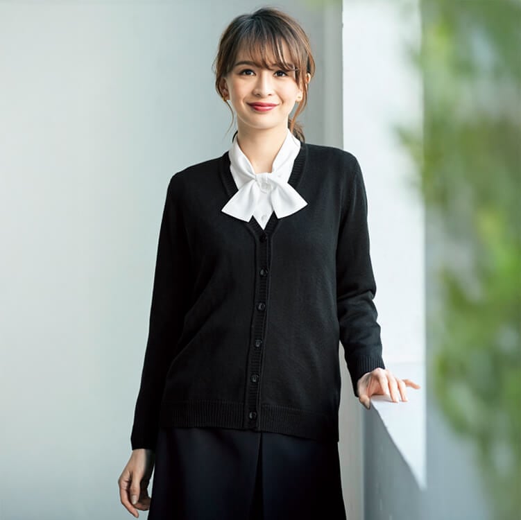 【事務服カーディガン】静電気防止「すっきり細身シルエット」毛玉防止加工 ネイビー・ブラック・グレー  7～17号  (JOI3210)