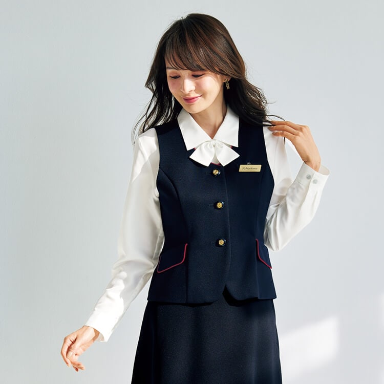 【事務服ベスト】オールシーズン「ツイード調ニット素材」ストレッチ・ホームクリーニング可  5～19号 / ネイビー色 (JOI11755)