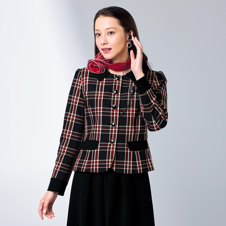 【受付制服ジャケット 秋冬向き】裏地あり「タータンチェック柄」レッド色 5～19号 / インフォメーション制服 (JOI81790)