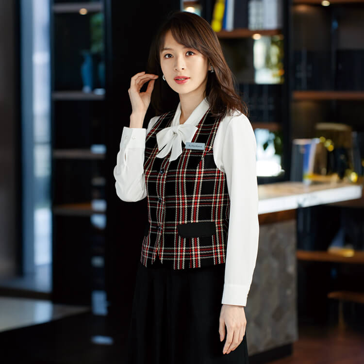 【インフォメーション制服 ベスト】オールシーズン「英国調 タータンチェック柄」ホームクリーニング  5～19号 / 受付ユニフォーム (JOI11790)