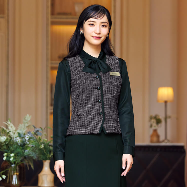 【接客ユニフォーム ベスト】オールシーズン「スラブチェック素材 ウール混」ホームクリーニング・ワイン色  5～19号 / フロントスタッフ制服 (JOI11430)