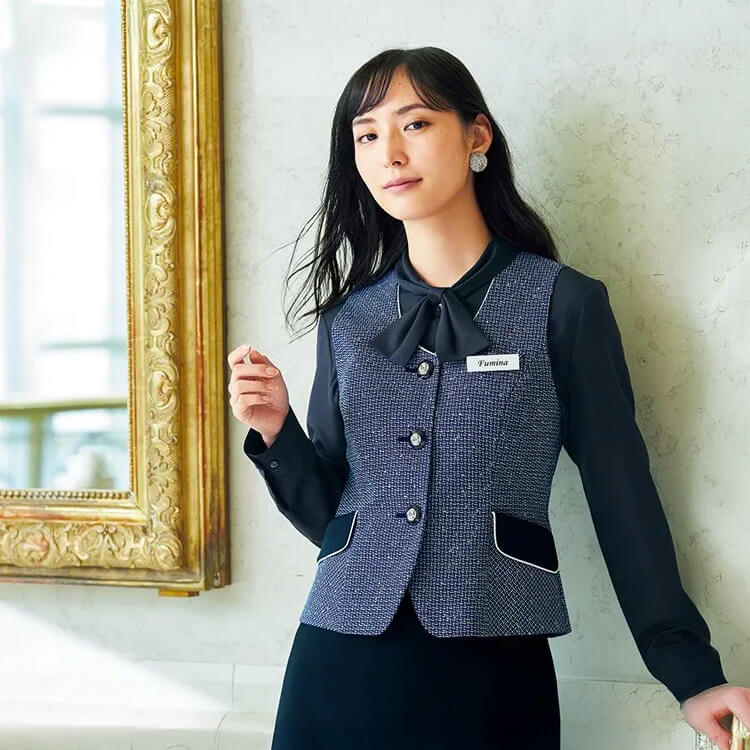 【オフィス制服ベスト】オールシーズン「シルバーラメ糸」ツイード調素材・ネイビー色  5～19号 / 企業受付制服 (JOI12130)