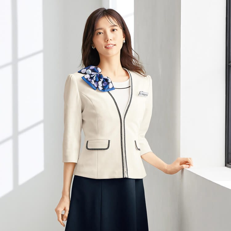 【受付制服ジャケット 七分袖】防汚素材「2WAYストレッチ」アイボリー 5～19号 / オフィスユニフォーム (JOI86551)