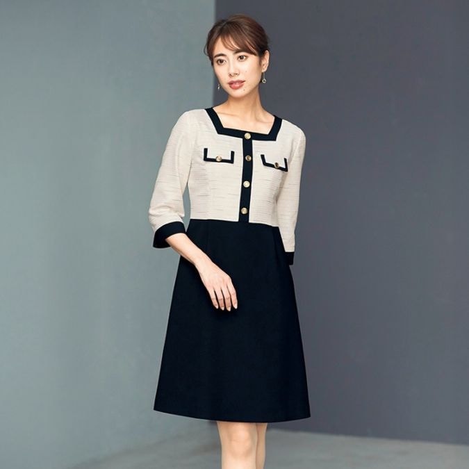 【オフィス制服ワンピース】オールシーズン「スカート部分2WAYストレッチ素材」 ネイビー・アイボリー色 5～15号  / 受付制服 (JOI66720)