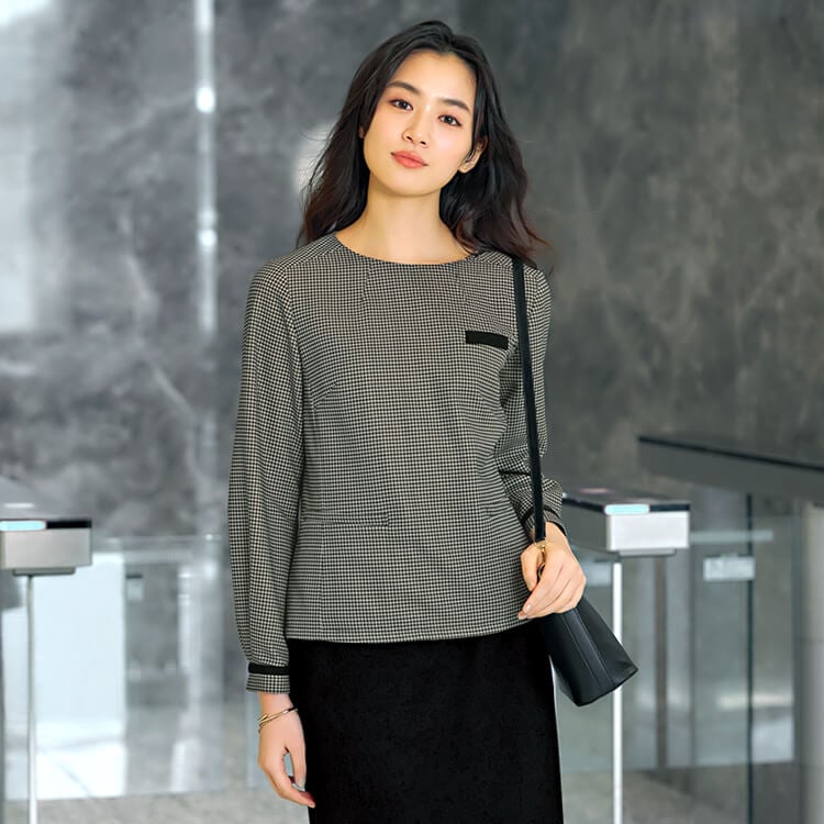 【 事務服プルオーバー】ECO素材「千鳥チェック柄」ストレッチ・アクセサリーホール付き S～3L / 受付制服 (CHSYT7930)