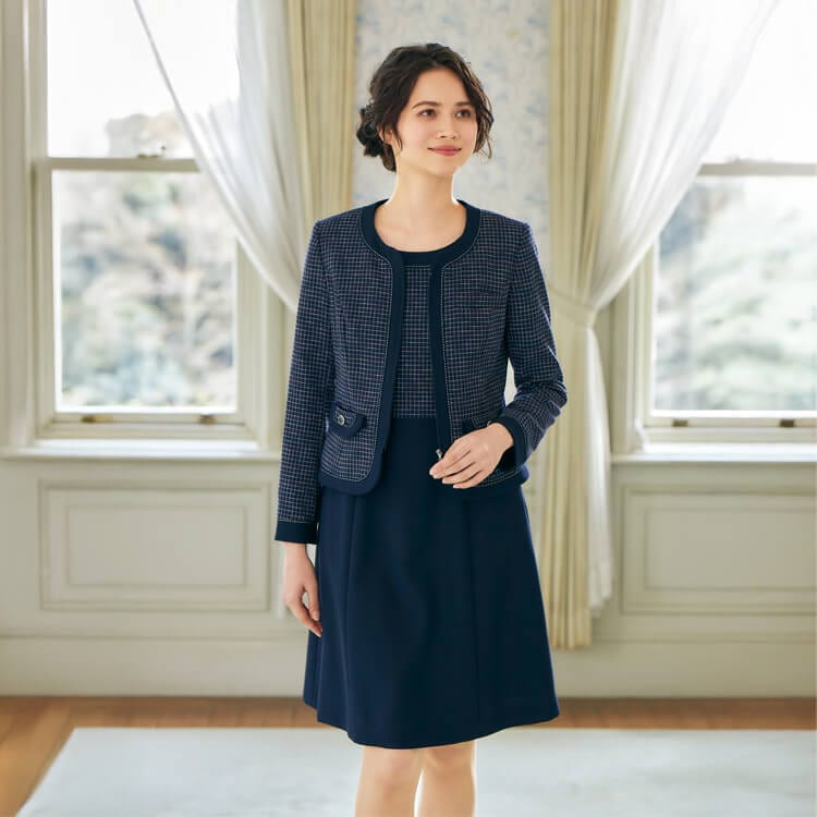 受付制服ジャケット｜チェック柄・ノーカラー・コンシェルジュ向け