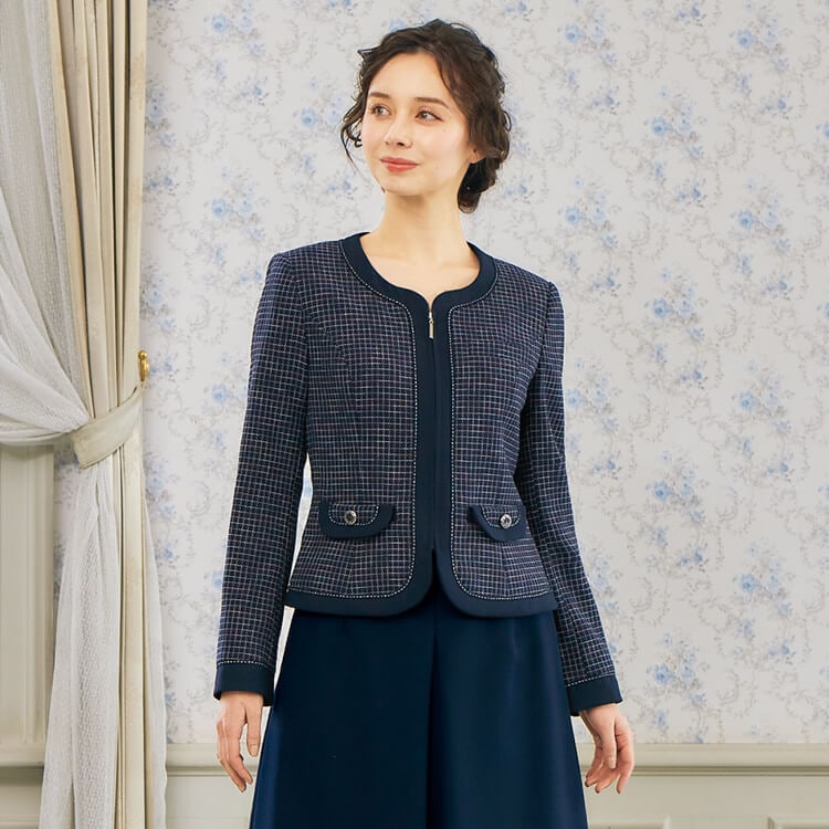 【企業受付制服ジャケット】グリーン購入法適合「ウール混素材」チェック柄・ネイビー色 5～17号 / オフィスユニフォーム (CHSC46581)