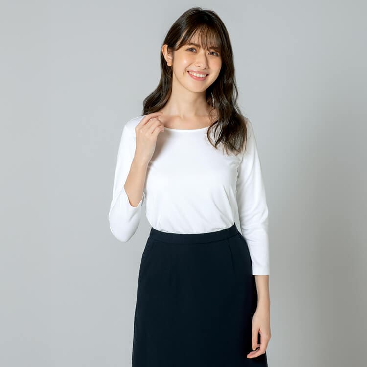 【事務服カットソー七分袖】吸汗速乾「ラウンドネック」透け防止・2色 / S～3L  (CHSNF1037)