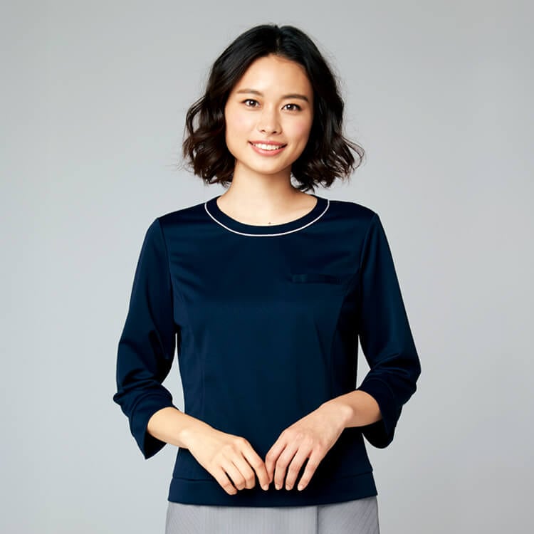 【オフィスユニフォーム カットソー】七分袖「配色ネックライン×ニットストレッチ素材」ホワイト ネイビー色 S~3L / 販売員制服 (CHSNF1039)