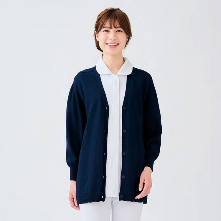 【ナースカーディガン ロング丈】レディース「ウール混ニット素材」防寒着・ネイビーカラー  M～3L /  看護師ウェア (SUI56-051)