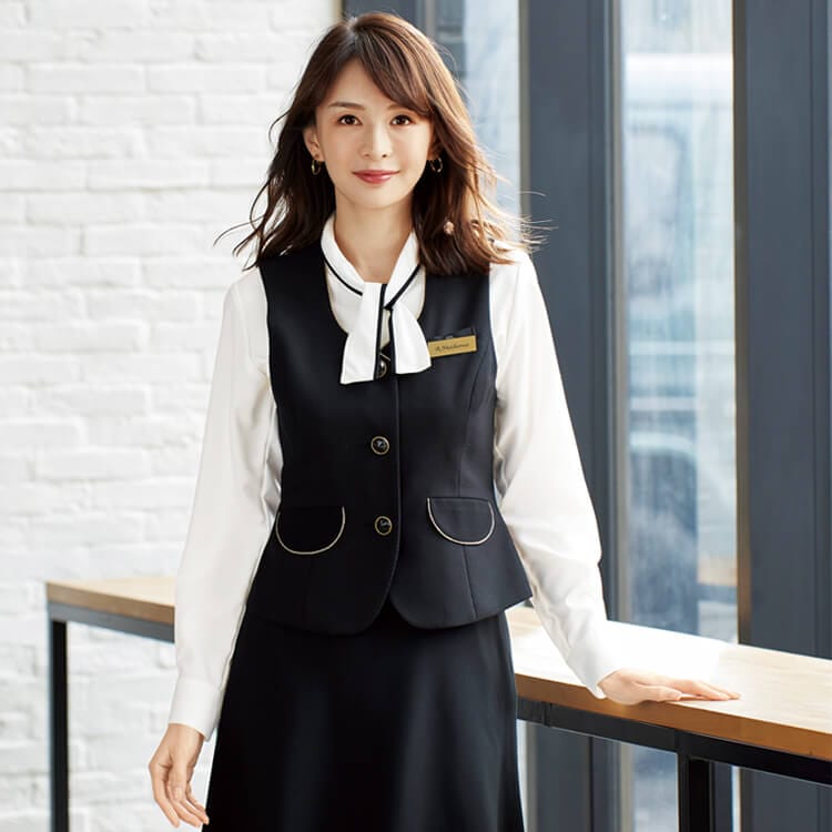 【受付制服ベスト】オールシーズン「ウール混素材」ブラックカラー 5～19号 / オフィスユニフォーム（JOI11650）