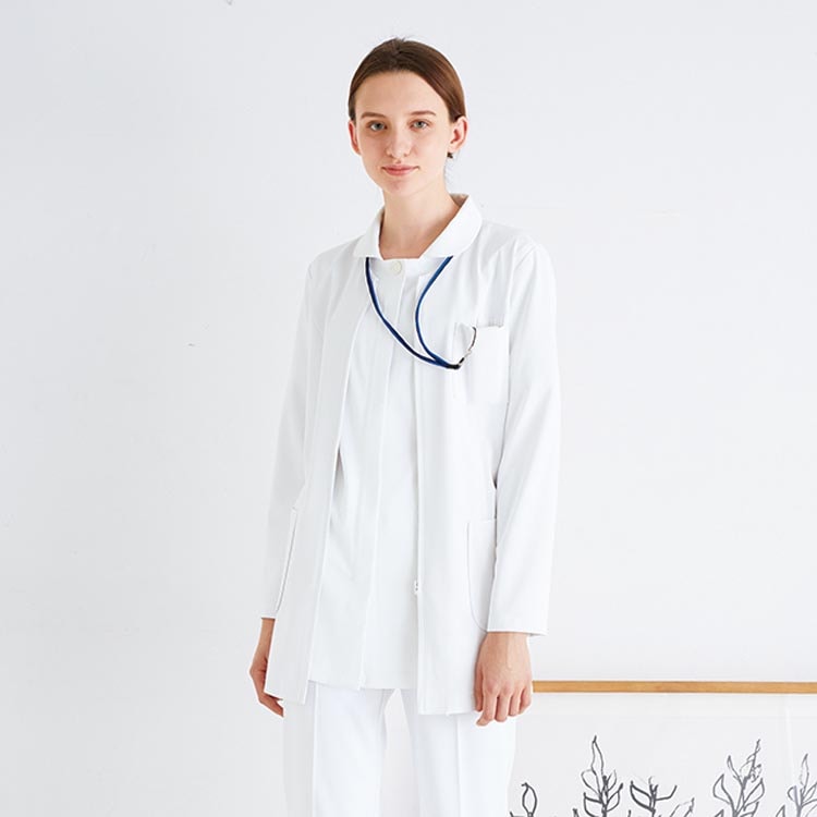 【医療白衣 衿なしジャケット】レディース・防汚・制電「軽量で動きやすい ストレッチニット」SEK制菌・透け防止・家庭洗濯可 / S～LL (NGLCD2820) 