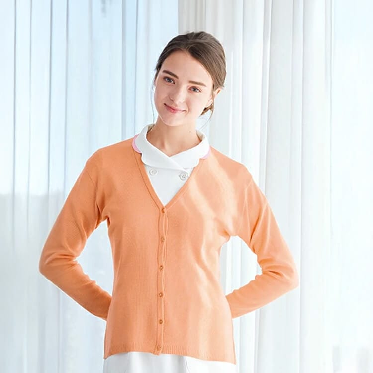 【ナースカーディガン】レディース「毛玉になりにくい抗ピル加工」家庭洗濯可・ピーチカラー / M～EL (NGLCH2100)