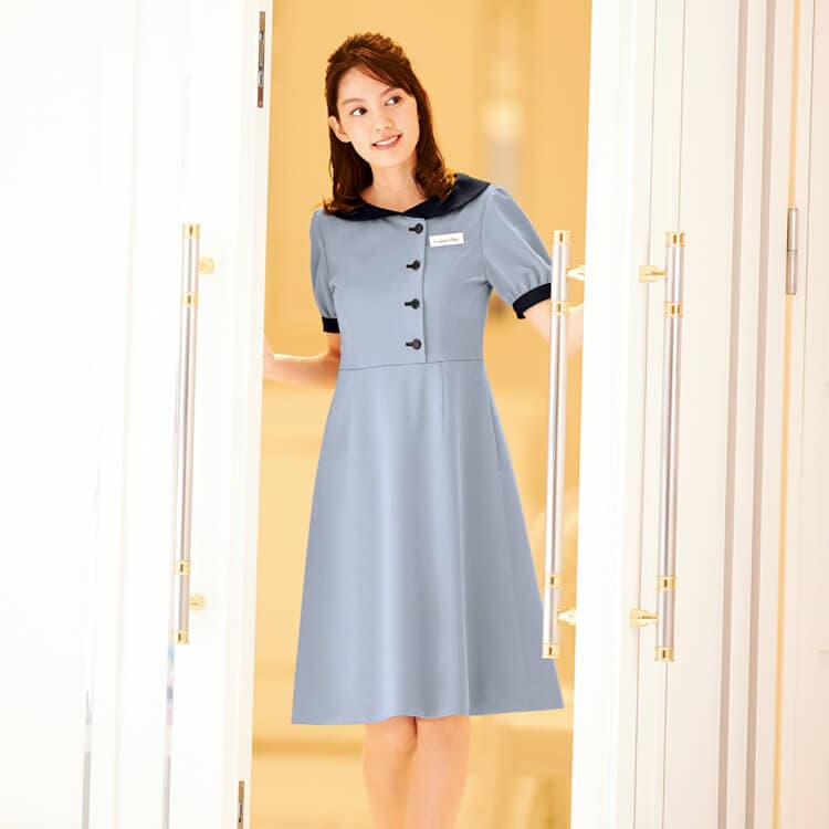 【エステ制服 ワンピース】イージーケア「半袖パフスリーブデザイン」ストレッチ・家庭洗濯可 5～15号 ネイビー・グレー / 美容受付ユニフォーム (HTH7728)