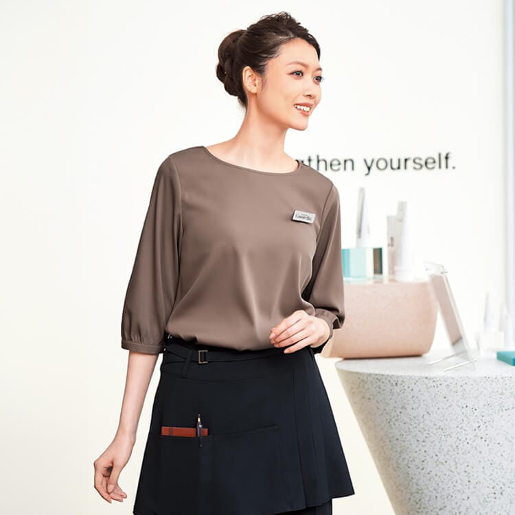 【エステ制服プルオーバー 七分袖】後ろボタン・ストレッチ「袖口ギャザー」透け防止・UVカット S～3L / 3色（HTH8465）