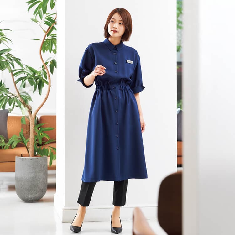 【エステ制服ワンピース】ECO素材・制菌「ゆったりシルエット」ストレッチ 7～15号 / 3色（HTH7750）