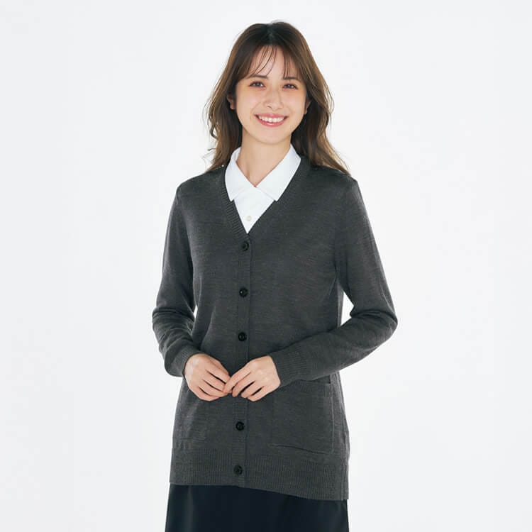【事務服カーディガン】毛玉防止加工「腰回りも隠れるロング丈」帯電防止  S～3L / 3色（CHSAR9239）