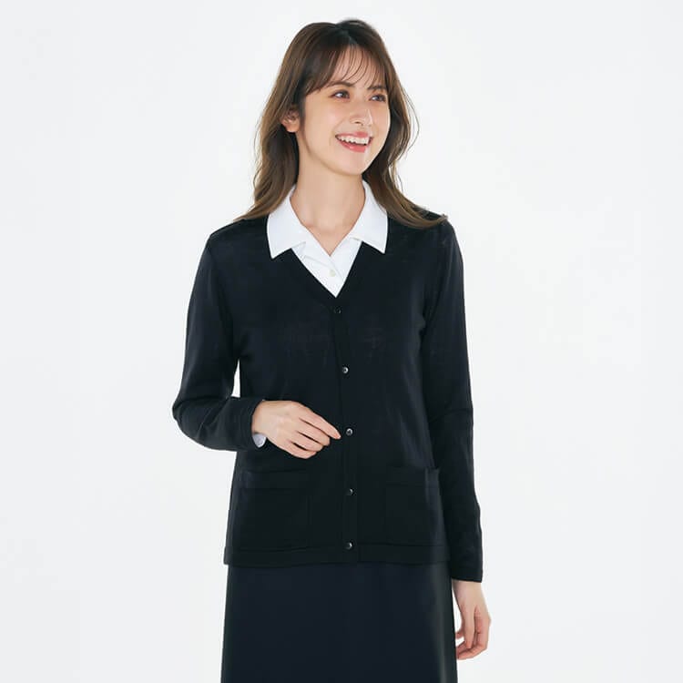 【事務服カーディガン 薄手】毛玉防止「ジャケットの下にも着られる薄手」S～3L / 4色（CHSAR9237）