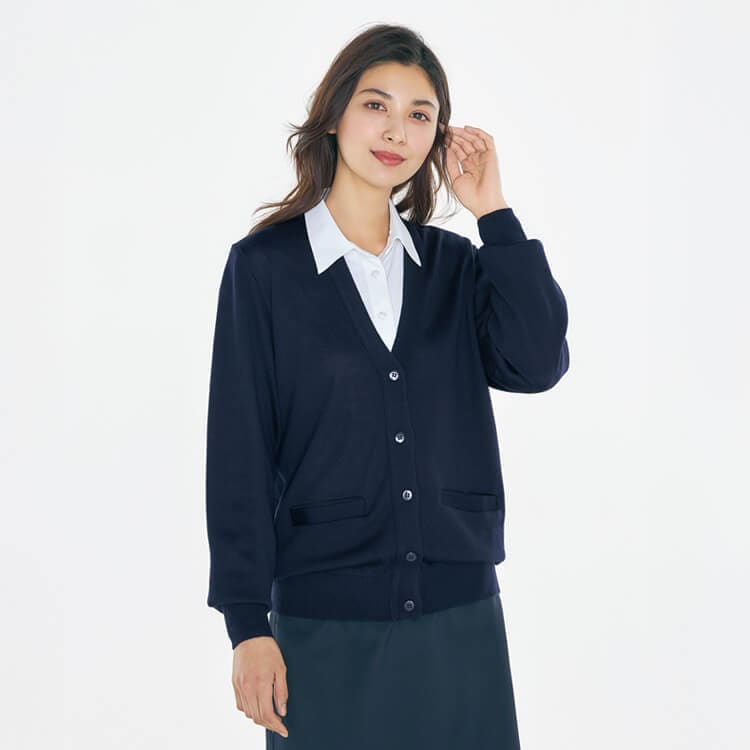 【事務服カーディガン厚手】毛玉防止加工「ベーシックデザイン」帯電防止 S～3L / 3色（CHSAR9230）