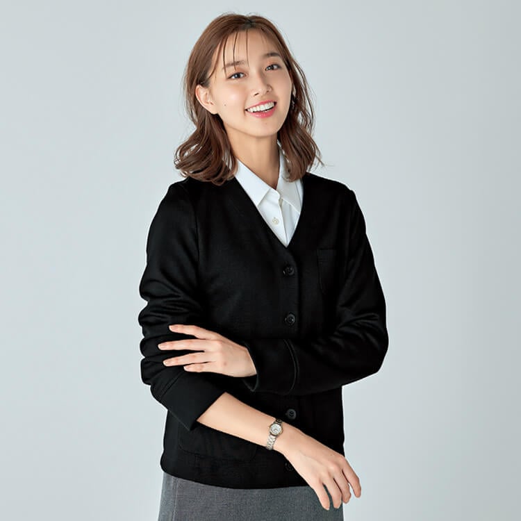 【事務服カーディガン厚手】帯電防止「袖口の内側にリブ付き」ノーアイロン・S～3L / 2色（CHSAR9241）