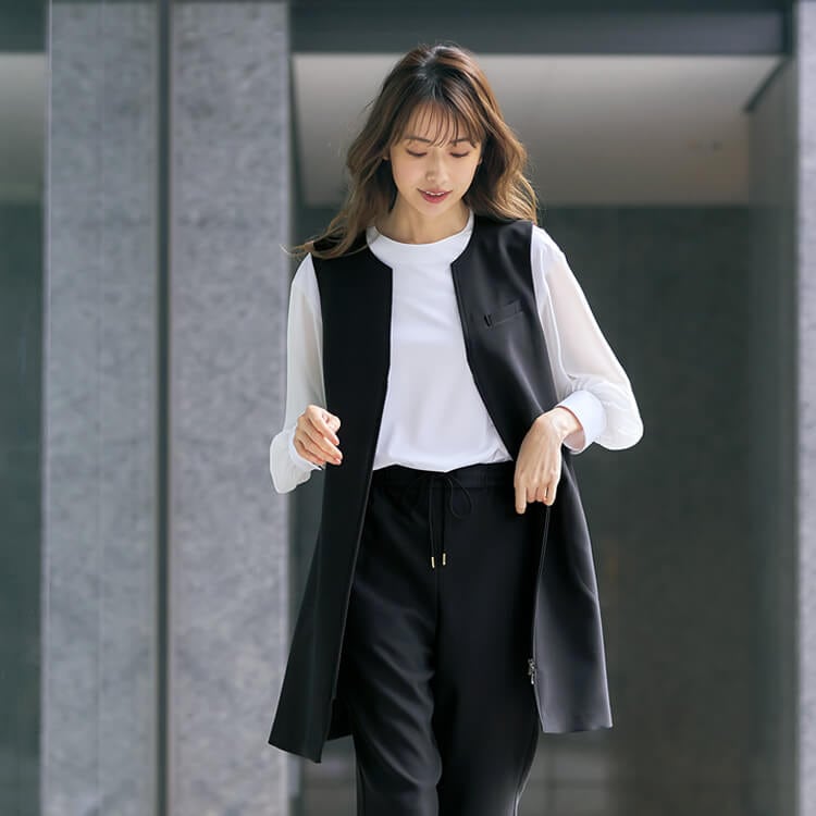 【ロングベスト】YUKI TORII・ストレッチ「上下両方から開くファスナー」帯電防止・家庭洗濯可 S～3L / ブラック（CHSYT2314）