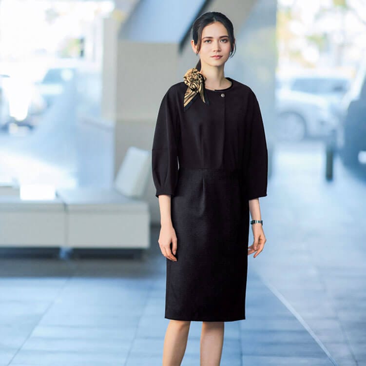 【事務服ワンピース】オールシーズン「再生繊維 ECO素材」ストレッチ 5～15号 / ブラック（KAHNAW037）