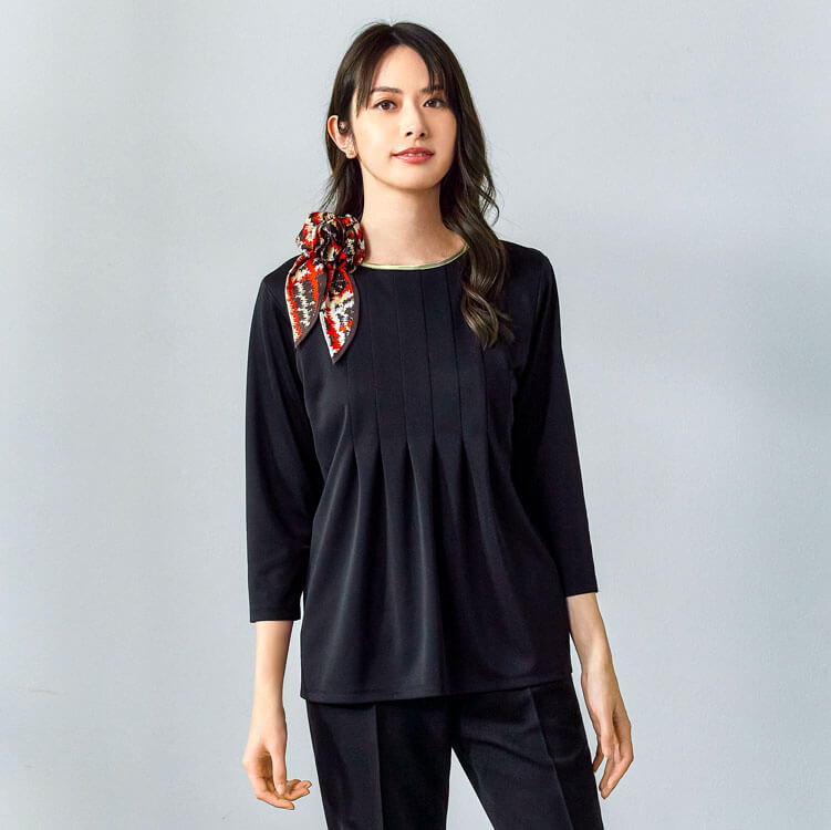 【プルオーバー七分袖】ストレッチ「裏表2WAY着用可」透け防止 SS～3L / ホワイト・ブラック（KAH NWT039）