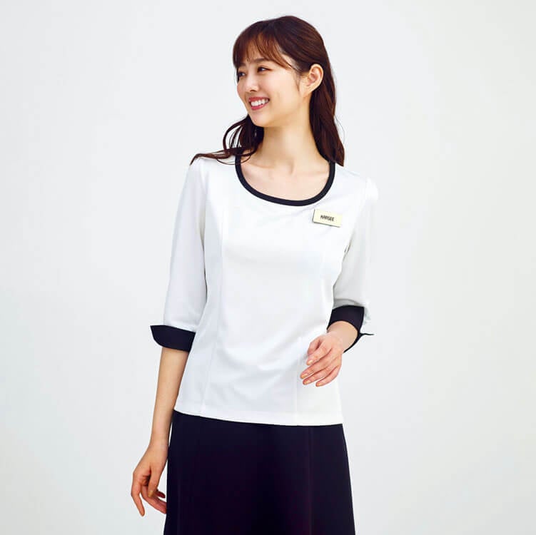 【事務服プルオーバー七分袖】ニット素材「2WAYストレッチ」透け防止・カットソー  SS～3L / 2色（KAHEWT533）