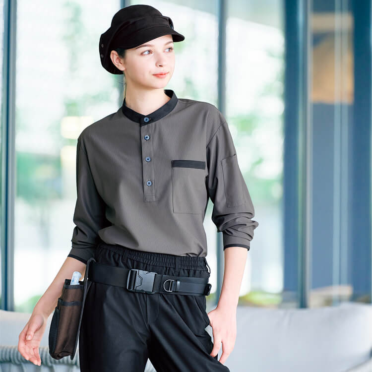 【清掃員ポロシャツ長袖】男女兼用「スタンドカラー」袖口半ゴム・透け防止 SS～4L / 3色（SEL6361）