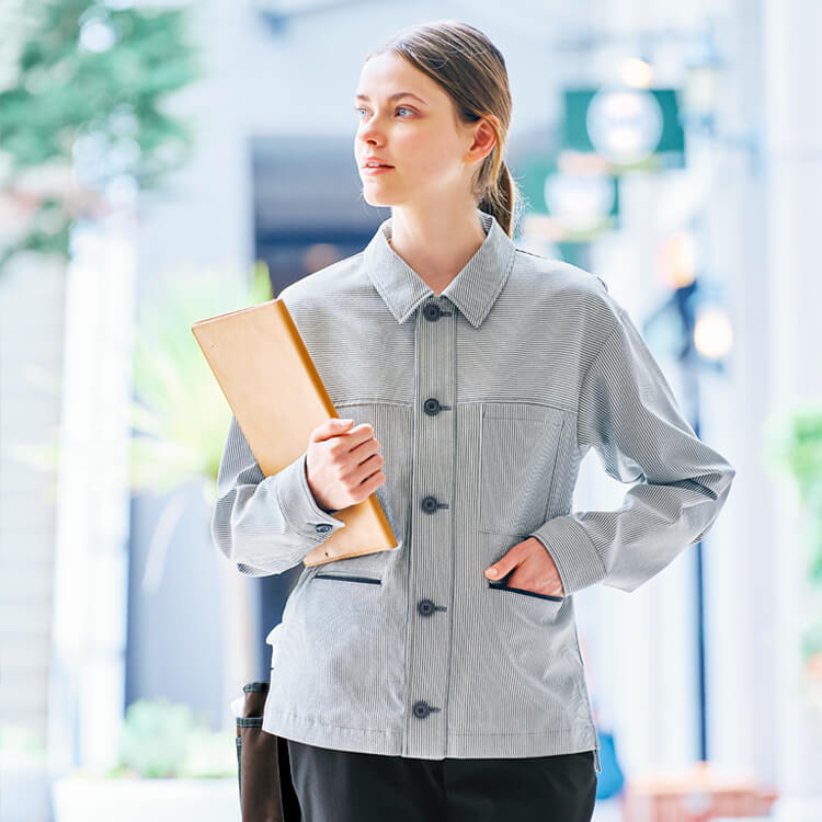 【作業ブルゾン 男女兼用】JIS制電「ヒッコリー風素材」ストレッチ SS～4L / ストライプ（SEL62289）