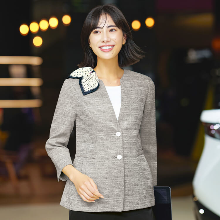 【事務服 ノーカラージャケット夏用】七分袖「通気度87.7 涼しい素材」5～19号 / 2色（KAHESJ1020）