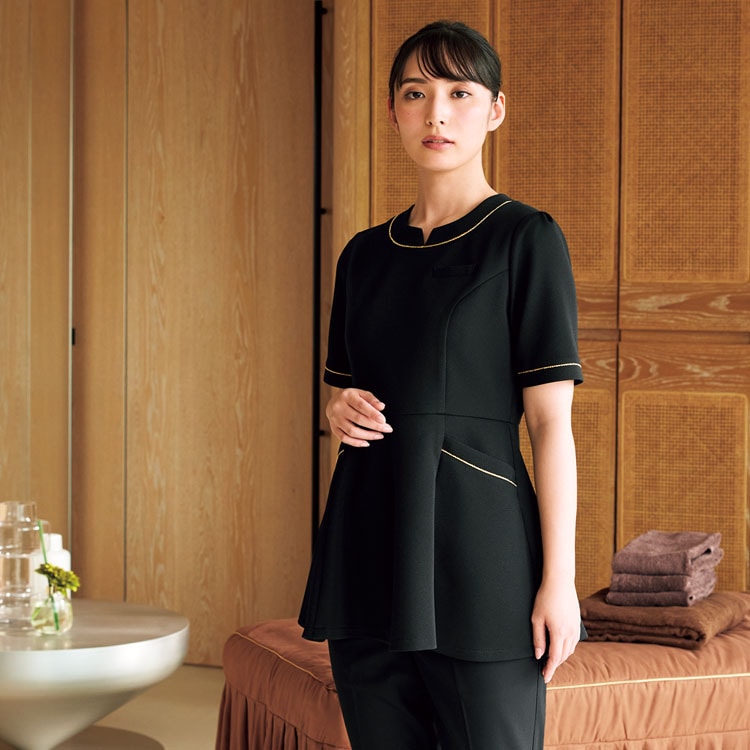 【エステ制服 チュニック】2WAYストレッチ「襟元パイピング」5～15号 / ブラック（JOI42058）