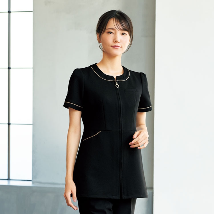 【エステ制服 チュニック】ニットストレッチ素材「前ファスナー」両サイドポケット 5～15号 / ブラック（JOU42059）