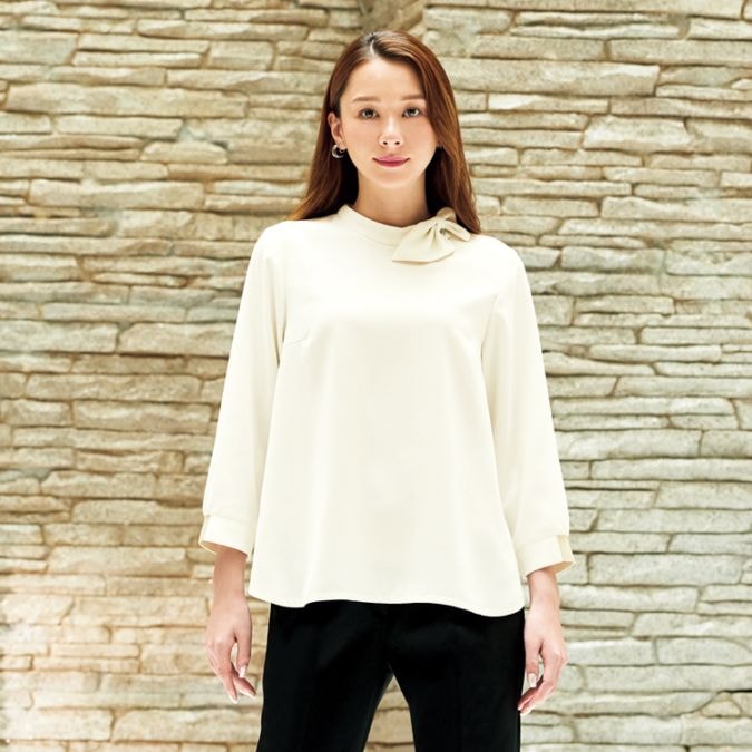 【エステ制服 プルオーバー】吸汗速乾「衿元リボン付き」後袖口リブ 5～15号 / 2色（JOI42160）