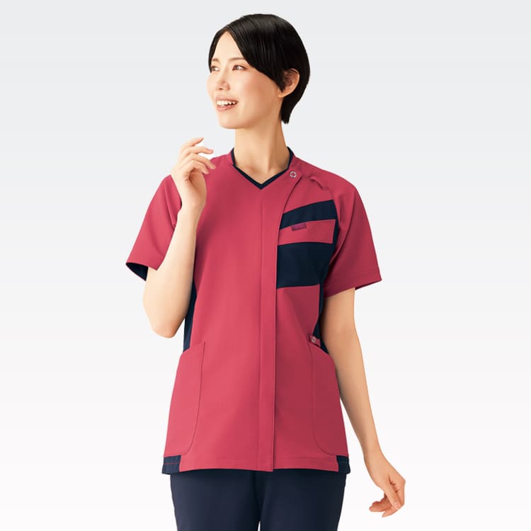 【スクラブ白衣 男女兼用】吸汗速乾「着脱簡単な前ファスナー」肩ループ付き SS～4L / 2色（FOL7121SC）