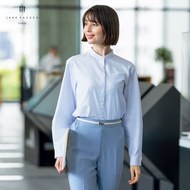 【事務服 ブラウス長袖】スタンドカラー「ジェーンパッカー」ストライプ柄 5号～23号 / 3色（SEL7326）