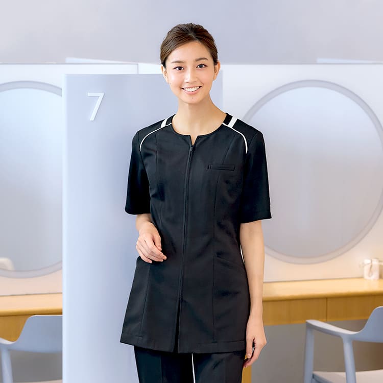 【エステ制服 チュニック】ニット素材「マリークワント」ストレッチ 5～17号 / ブラック（CHSM13401）