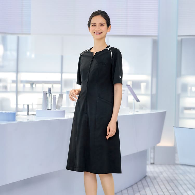 【エステ制服 ワンピース】マリークワント「肌になじむトリコット素材」5～17号 / ブラック（CHSM53401）