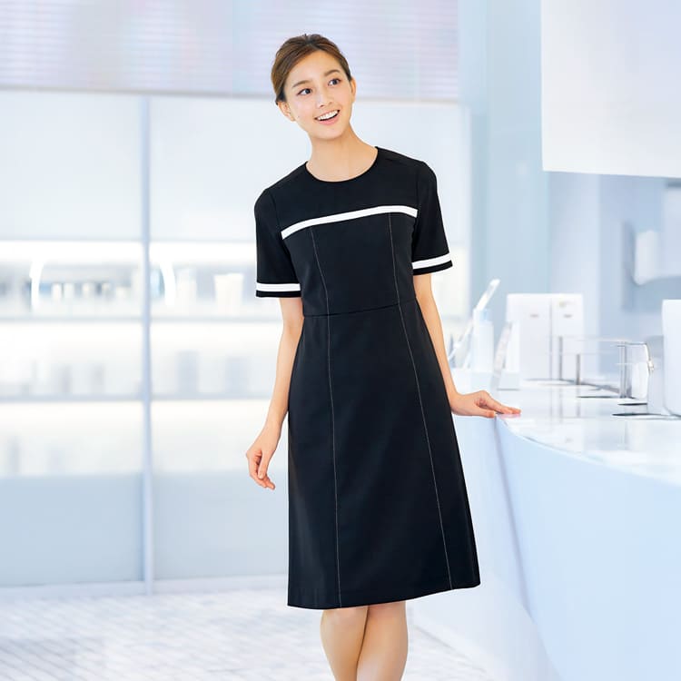 【エステユニフォーム ワンピース】ニット素材「マリークワント」帯電防止 5～17号 / ブラック（CHSM53411）